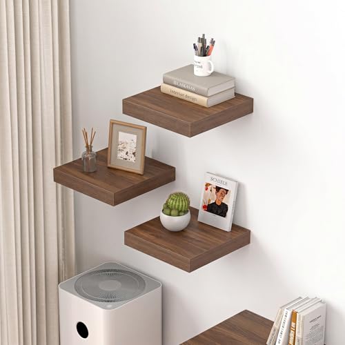 Image of Dreamland 12x12 Floating Shelves for Wall, 12 inch Deep Thicker Floating Shelves, Wall-Mounted Shelves for Bedroom, Living Room, Kitchen, Bathroom,Walnut - Set of 3
