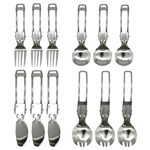 Pinenjoy 12Pcs Foldable Camping Utensil Set 18/10(304) Stainless Steel Folding Flatware include Portable Spoons Fork Knife for Picnic Travel Hiking Backpacking Tool