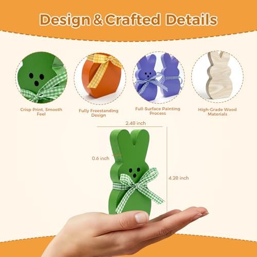 OLANRUN Easter Decorations for Home, 6 Pcs Wooden Bunny Table Decorations Signs with DIY Ribbons, Indoor Spring Easter Decor for Office Bedroom Kitchen Tiered Tray Mantel Shelf, 4.28 Inch - 1