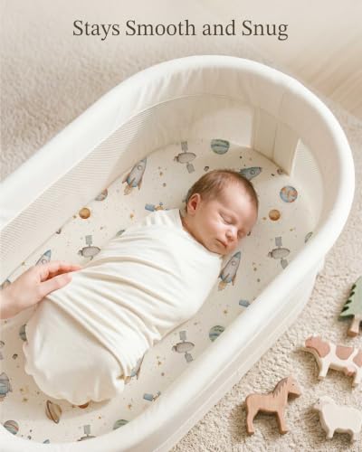 Image of Bassinet Sheets for Baby Girls Boys 2 Pack, Fitted Baby Mattress Sheet for Rectangle, Oval, Hourglass Bassinet Mattress, Breathable Cozy & Universal Fit (Stellar Adventure, Bassinet Sheet)