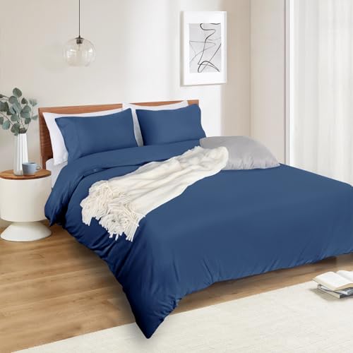 Image of Mejoroom Navy Duvet Cover Full - Bedding Sets Full - Soft and Breathable Comforter Cover with Zipper Closure, 3Pieces, 1 Duvet Cover (80x90) and 2 Pillow Cases(20x26)