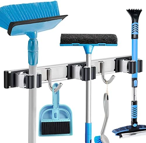 POPRUN Broom Mop Holder Wall Mount hangers,Organizer and Storage clip for Utility Closet, Laundry, Garage/Kitchen/Garden Tool,Vacuums,and Cleaning Supplies, Stainless,with Slidable 3 Racks and 2 Hooks ( Black )