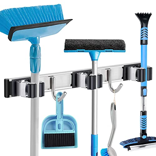 Poprun Broom Mop Holder Wall Mount Hangers,Organizer And Storage Clip For Utility Closet, Laundry, Garage/Kitchen/Garden Tool,Vacuums,And Cleaning Supplies, Stainless,With Slidable 3 Racks And 2 Hooks ( Black ) #TOP2