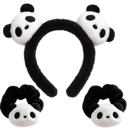 JazSwirl Panda Headband and Hair Ties Set 3 Pack Panda Ears Headband with Hair Bands Black White Animal Ears Costume Accessories for Cosplay