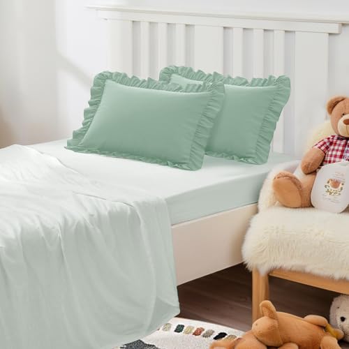 Image of 13 inchx18 inch Toddler Pillow Cases Set of 2, Sage Green Ruffled Pillow Shams Brushed Microfiber Nursery Pillow Cover for Boys Girls, Soft Breathable Machine Washable