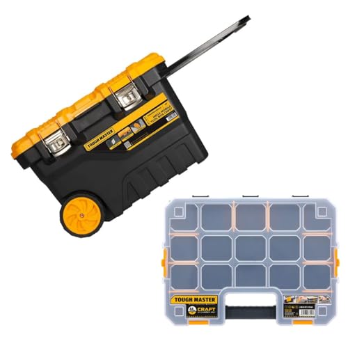 Tough Master Professional Extra Large Mobile Tool Box Chest 28'' / 72cm on Wheels with Tote Tray Handle for Big Power Tools (With 17 Inch Organiser)