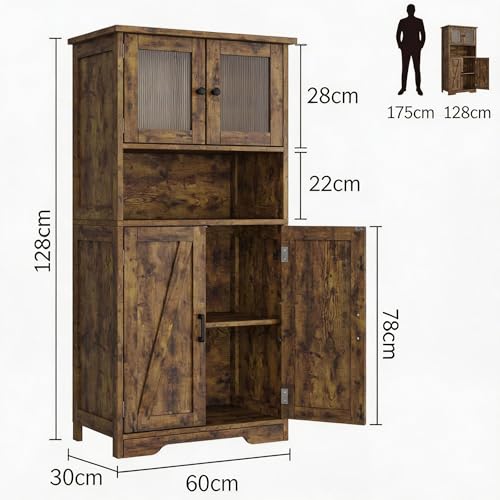 Miniatura 2 de Garveemore Alacena De Cocina Con Puertas De Cristal Y Estantes Ajustables, Mueble Auxiliar De Cocina Multifuncional Para Baño, Moderno En Madera Robusta, 60 30 128cm, Marrón