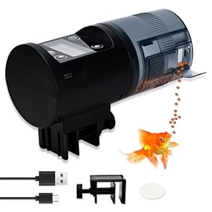 Podazz Automatic Fish Feeder – USB Rechargeable 200ml Large Capacity Aquarium Tank Food Dispenser with Feeding Time Display, Moisture Proof Electric Fish Feeder for Vacation Weekend Holiday, Black