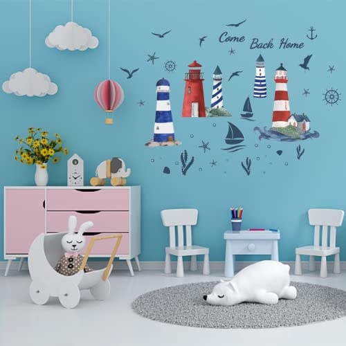 PLIGREAT Lighthouse Seagull Sailboat Wall Stickers Removable Blue Ocean Theme Wall Decals for Nursery Bedroom Playroom Living Room Wall Decorations Home Indoor DIY Nautical Wall Art Decor - Image 3
