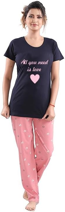 Girls Cotton Night Suit Pyjama Set | Half Sleeve Printed Round Neck Top & Bottom Sleepwear
