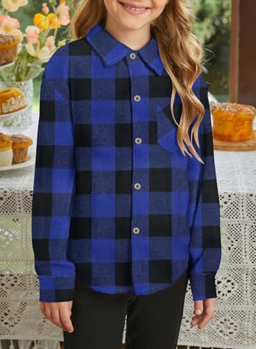 Image of SELINK Girls Long Sleeve Flannel Buffalo Plaid Button Down Shirt | Soft Flannel Fabric,Classic Buffalo Plaid Button Down Collared Blouse For Girls Casual Daily Outfits