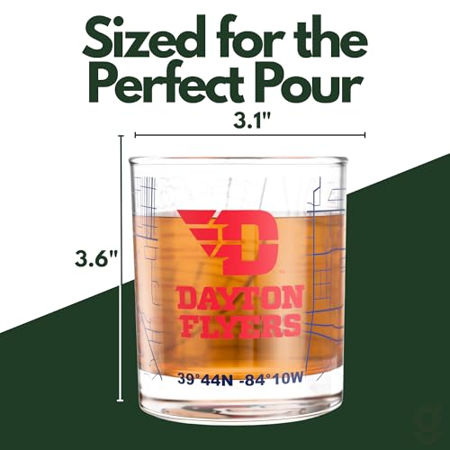 Image of Greenline Goods University of Dayton Flyers Whiskey Glasses Set of 2, 10 oz Rocks Glasses with Full-Color Logo & Campus Map - Officially Licensed Bourbon Glass Gift for Alumni & Fans