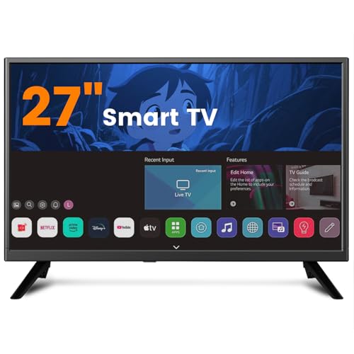 ZOSHING Smart TV de 27 pulgadas, pequeño televisor con entrada HDMI, sintonizador digital integrado/USB compatible con montaje en pared, para dormitorio, cocina, caravana, incluye control remoto
