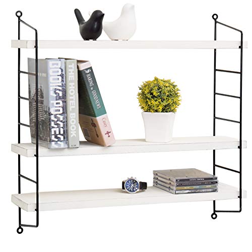 MyGift 23-Inch Floating Shelves Industrial Metal and Vintage White Wood Adjustable Wall Mounted 3-Tier Storage Shelf for Bathroom, Bedroom, Kitchen