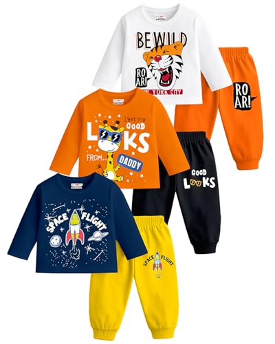 Image of Kuchipoo Boys Regular Fit Cotton T-Shirts and Pyjamas Clothing Set-Pack of 3