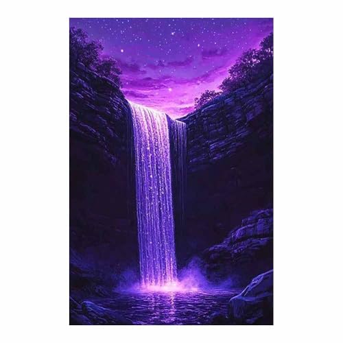 Tableau cascade violette pour habiller un grand mur de salon blanc
