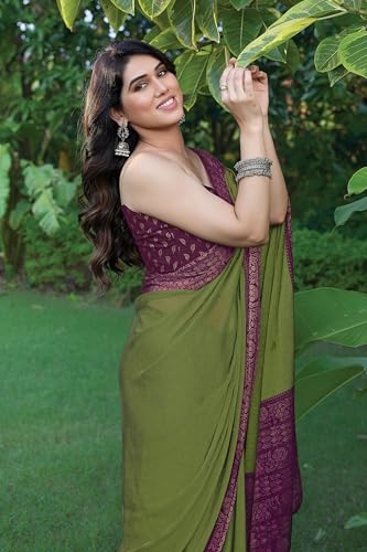 Image of MIRCHI FASHION Saree for Woman Chiffon Georgette Solid with Contrast Border | Lightweight Daily Wear Women's Sari and Printed Blouse Piece