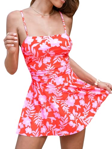 CUPSHE Traje de baño para mujer, con control de abdomen, cuello cuadrado, fruncido, tirantes ajustables, traje de baño de una pieza, Rojo coral/floral, M