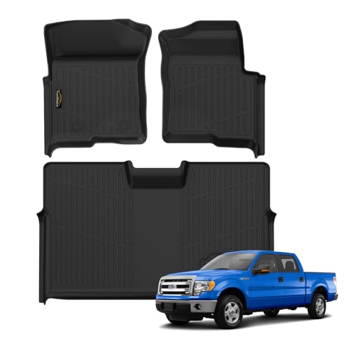 Floor Mats for 2010-2014 Ford F150 SuperCrew/Crew Cab with 1st Row Bucket Seat All Weather TPE Floor Liners Custom Fit for F-150 1st & 2nd Row Anti-Slip Full Set Car Mats