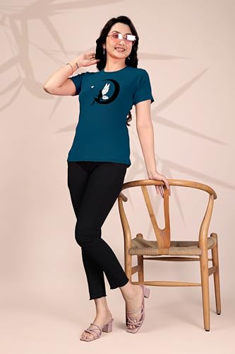 Image of Women Round Neck Printed Cotton Blend Regular Fit T-Shirt