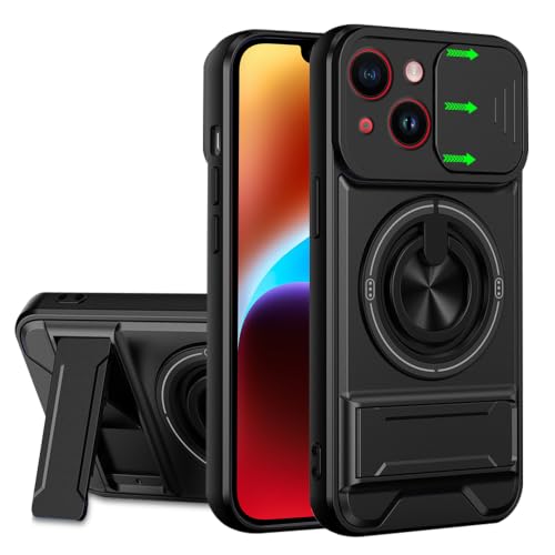 Image of AESTMO iPhone 14 Back Cover | Armor Camera Slider 360 Degree Rotating Finger Ring Holder Case with Bracket Stand Back Case Cover (Compatible with MagSafe Accessories) (Black)