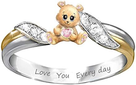 Rings for Women, Creative Bear Heart Rhinestone Ring Lettering Wedding Birthday Jewelry Gift By Balakie - LOVE YOU EVERY DAY(Silver ,8#)