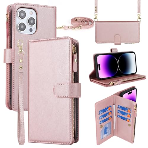 Étui à bandoulière iPhone 15 Pro portefeuille cuir synthétique avec fermeture éclair