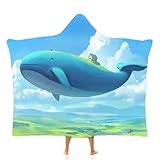 MGDIFYXAA Invierno Animales Lindos Manta con Capucha Franela Frazada de Felpa Soft Cálidas y Ligeras Ballena Azul De Dibujos Animados Mantas de Sofá Colcha para Adultos y Adolescente 130 × 100 cm