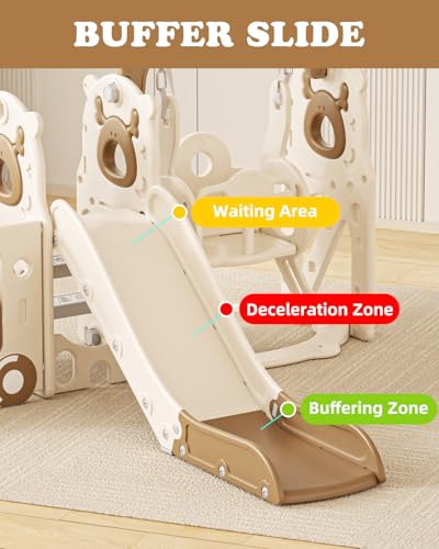 Image of XJD 10 in 1 Toddler Slide, Kids Slide for Toddlers 1-3, Toddler Play Climber Slide Playset with Basketball Hoop and Ball,Toddlers Outdoor Indoor Playground (White Brown, Medium)