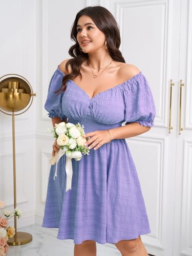 Image of SCOMCHIC Womens Plus Size Summer Dresses Casual Sun Dress Sweetheart V Neck Puff Short Sleeve Smocked A Line Mini Dress