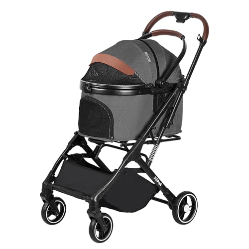 JoPet Pet Stroller for Small and medlium Dogs, Aluminum Alloy Frame, Small Dog, cat Stroller, Foldable carts, Carrier, One-Hand Automatic Folding, Quick Release Wheel, PU Wheels (Iron Gray)