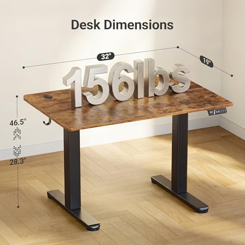 Image of Claiks Electric Height Adjustable Stand Up Desk, 32x19 Inches Sit Stand Desk for Home Office, Rustic Brown Top /Black Frame