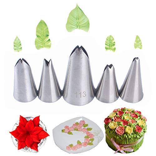 PhantomSky Decorazione Torte Set, 5 Pezzi Ugelli Glassa Torta in Acciaio Inossidabile per Decorazione Pasticceria, Torte, Cupcakes, Pasta di Zucchero, Biscotti, Decorazione Della Crema (Foglia)