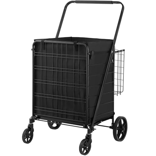 Folding Shopping Cart with Removable Waterproof Liner, 330LBS Large Capacity Jumbo Grocery Dual Basket, 360Â° Swivel Wheels, Dense Metal Mesh Base, Heavy Duty Utility