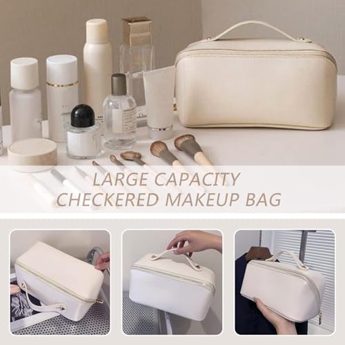 Image of Dangfly Leather Large Capacity Travel Cosmetic Bag with Handle and Divider - Multifunctional Makeup Bag for Easy Access, Waterproof 10 Cms (Cream)