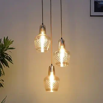 KAPOOR E-ILLUMINATIONS Alita 3-Light Amber Luster Glass Brass Edge Pendant Cluster for Home Decoration, Home Decor, Living Room, Bedroom, Kitchen. - Gold