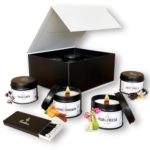 SORILINA Pack Velas Aromáticas con Cerillas y Caja Regalo, 4 Velas Pequeñas de Soja y Mecha de Madera, Set para Regalo, Hecho a Mano en España, 80gr/u 20h/u Regalo Mujer San Valentín (4 Aromas)