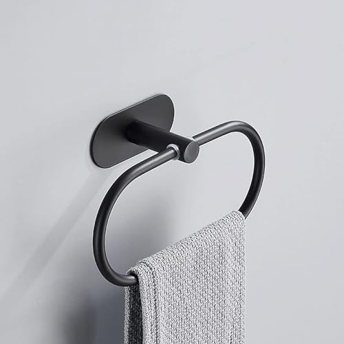 Image of JIALTO 1 PCS Self Adhesive Towel Ring Matte Black, Oval Shaped Modern Hand Towel Holder, Stainless Steel Adhesive Hand Towel Hanger for Bathroom & Kithen Wall Mount (No Drilling) (Black)