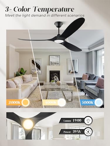 Image of 60 inch Black Ceiling Fans with Lights, 3 Solid Wood blade Fan