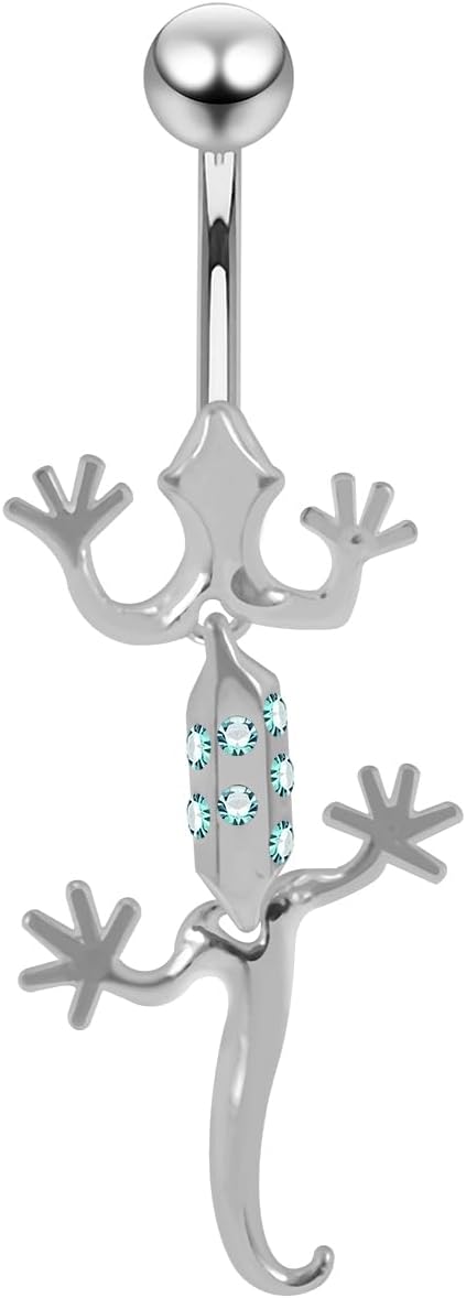 Multi Crystal Gemstone Fancy Movable Gecko Design 925 Sterling Silver with G23 Grade Titanium Belly Ring - Belly Button jewelry - Navel jewelry