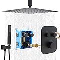(Upgraded) Thermostatic Matte Black Shower System, 16 Inch Luxury Rain Mixer Shower Combo Set with Handheld and Temperature Control Valve Kit for Bathroom (All Functions Can Run Simultaneously)