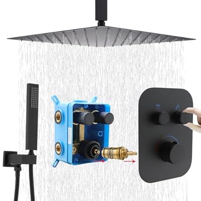 (Upgraded) Thermostatic Matte Black Shower System, 16 Inch Luxury Rain Mixer Shower Combo Set with Handheld and Temperature Control Valve Kit for Bathroom (All Functions Can Run Simultaneously)