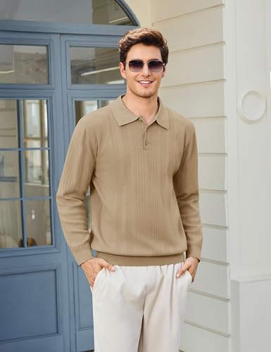 Cotrasen Mens Knit Polo Sweaters Long Sleeve Polo Lightweight Casual Dress Collar Pullover Sweaters Textured4