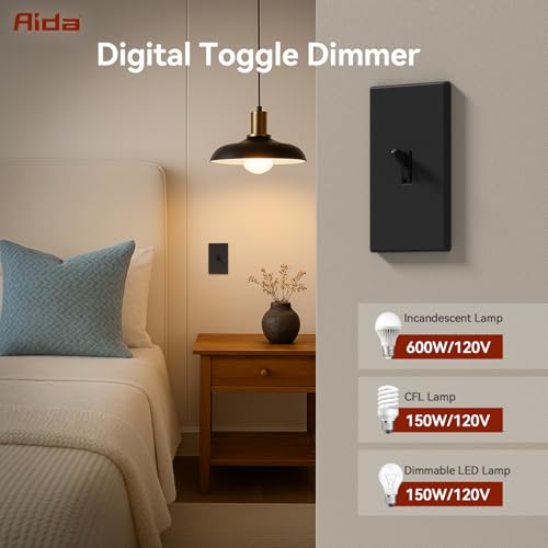 Image of AIDA Digital Toggle Dimmer Switch for Dimmable LED, CFL & Incandescent Bulbs, Single Pole /3-Way, Screwless Wall Plate Included, UL Listed, No Neutral Wire Needed, Black, (1 Pack)