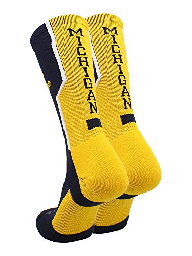 TCK Michigan Wolverines Perimeter Crew Socks (Navy/Gold/White, X-Large)