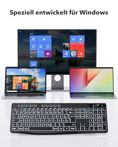 OMOTON Beleuchtete Tastatur, Kabel PC Tastatur, QWERTZ Weiß Beleuchtet mit großem Druck, 2 in 1 USB A/C- Für Senioren, Kinder, Sehbehinderte für Windows mit Multimedia-Tasten