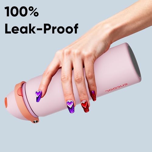 Image of Insulated Water Bottle with Straw - Encool Stainless Steel Water Bottle with Push Button Lid, Leak-Proof & BPA-Free, Keeps Cold for 24 Hours for Sports, Travel, Gym (32 oz, Lily-Red)