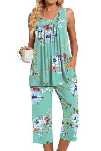 Image of TAOHUADAO Womens Summer 2 Piece Pajama Sets, Sleeveless Tops with Capri Pants, Lounge Ladies Pjs Sets with Pockets