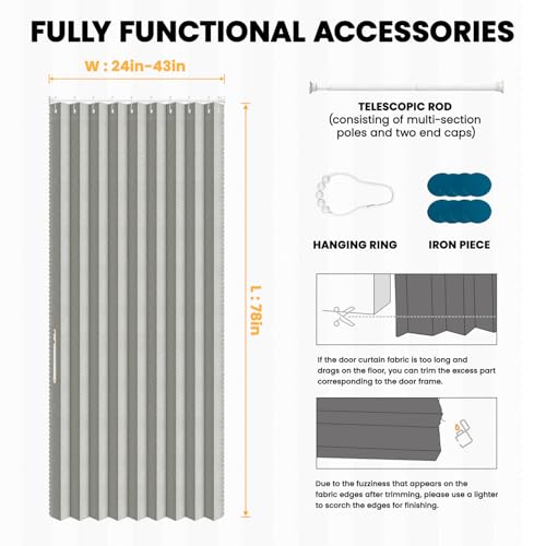 Image of AJAZZ Blackout Accordion Doors with Curtain Rods Adjustable 28-39 inch Long Interior Invisible Folding Door for Bedroom Living Room Doorway Curtain Sets (1 Pack, 43 W x 78 L, Grey)