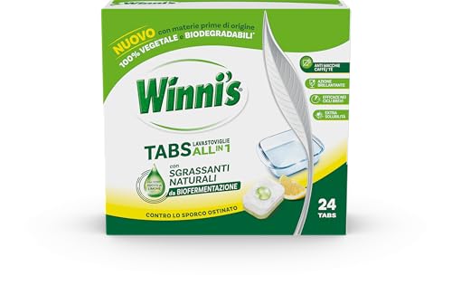 Winni's Pastiglie per Lavastoviglie, 24 Tabs, Detersivo Multiazione Detergente, Sgrassante, Antiodore e Brillantante, Fragranza di Limone, con Materie Prime di Origine Vegetale